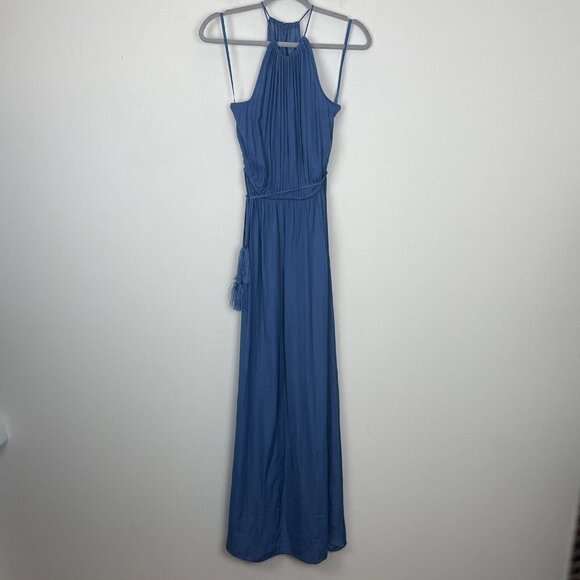 Loft Woman’s Blue Maxi Dress Cinch Tie Waist Tassels  Size XS Sleeveless - Picture 1 of 9